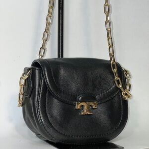 Tory Burch Sammy Half Moon Black Soft Leather Crossbody Bag with Gold Chain NWOT